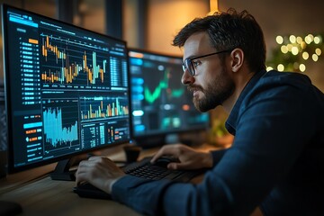 Fototapeta premium Focused Man Working on Computer with Stock Market Data.