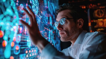 A focused man wearing glasses interacts with a high-tech digital interface, analyzing complex data in a futuristic environment.