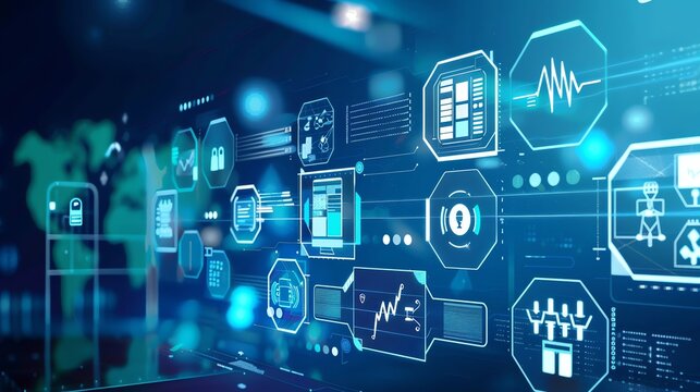 Futuristic digital interface with icons and data.