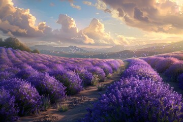 Fototapeta premium Lavender Fields at Sunset with Birds Flying