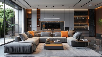 Naklejka premium A modern living room with a gray sectional sofa, a coffee table, a TV, and a view of a patio.