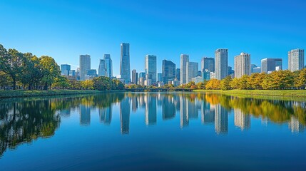 Obraz premium A panoramic view of a modern skyline with high-rise buildings reflecting in a calm river under a clear blue sky, capturing the architectural diversity and urban growth