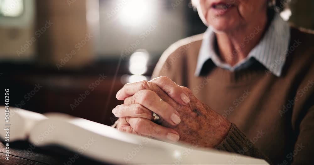 Wall mural bible, prayer and hands of old woman in church with faith, gratitude or spiritual respect in meditat