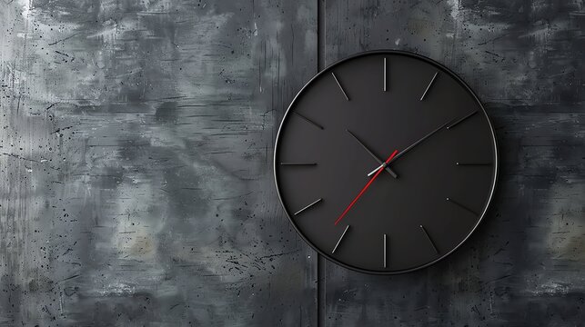 A black clock with a red second hand on a gray wall.