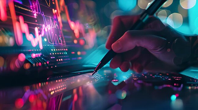 A person is writing on a computer screen with a pen.
