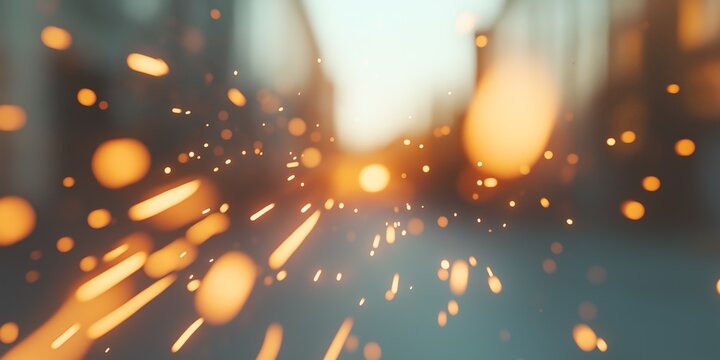 Bokeh sparks in motion in urban sunset vibe background
