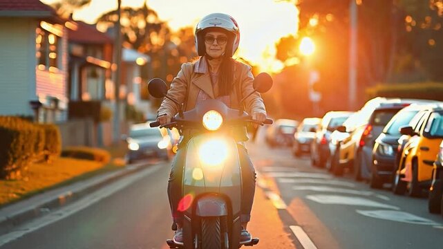 A woman is riding a scooter on a street with cars behind her. The sun is setting, creating a warm and peaceful atmosphere