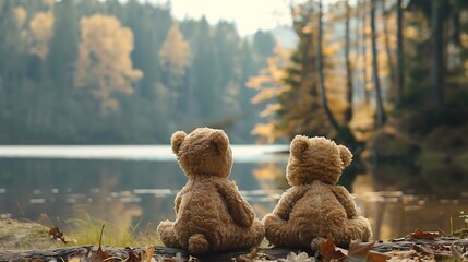 back view of teddy bears looking at the lake