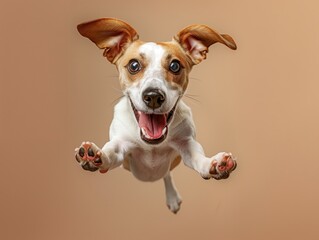 Energetic dog joyfully jumping in mid-air, displaying a happy expression and playful enthusiasm against a neutral background.