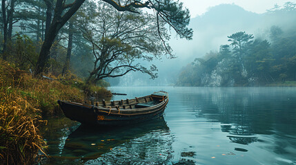 The Boat Over A Lake Landscape Background