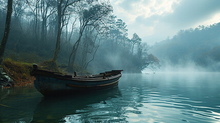 The Boat Over A Lake Landscape Background