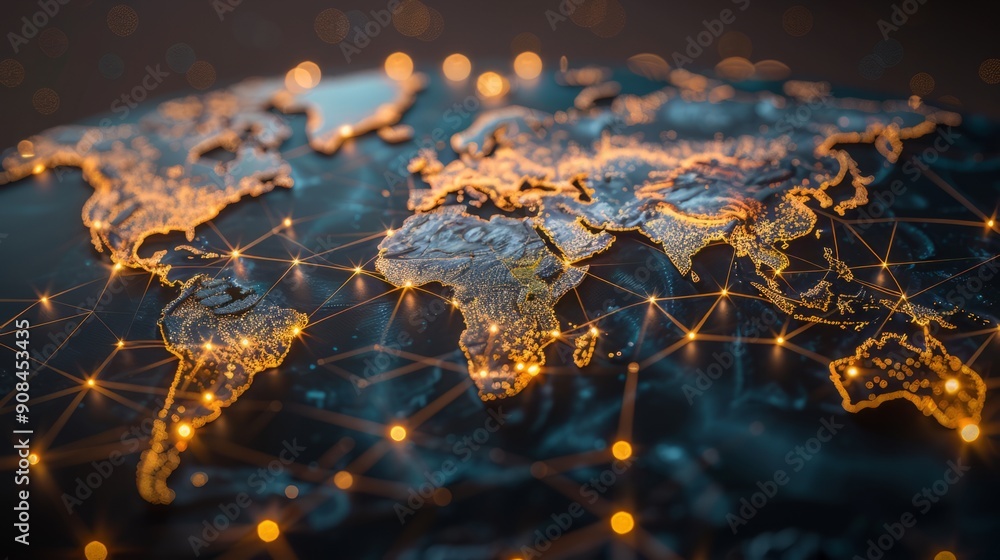 Poster global economic network. a digital globe interconnected with network lines represents a complex glob