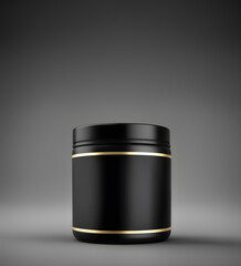 blank black whey protein powder jar mockup plain creatine pre workout supplement container bottle. 3d render. ai generative