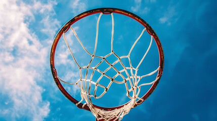 Basketball hoop with netting from underneath with a blue sky background