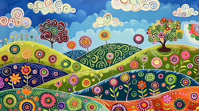 Illustrations of a contemporary folk art style landscape representing the theme Summer Fun, Generative AI illustrations. 