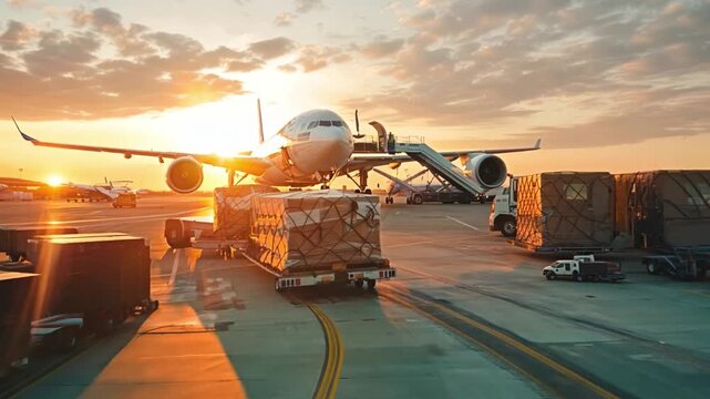 A large airplane is parked on the tarmac with several boxes on the ground. Concept of busyness and activity, as the airplane is likely preparing for takeoff or has just landed