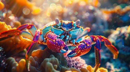 Underwater closeup picture of the mangrove ( rainbow ) crab and sunlight in the ocean coral reef 