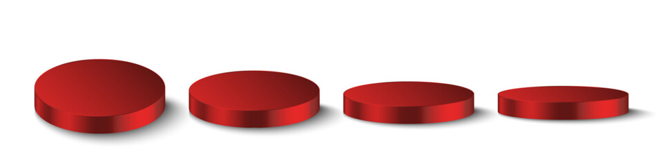 Red metal round podium from different angles. Demonstration podium, step, pedestal, exhibition or presentation.