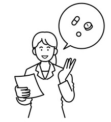 薬の説明をする薬剤師のイラスト　線画のみ