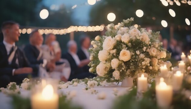 beautiful outdoor evening wedding celebration of guests at table with lights, candles and flower decorations
