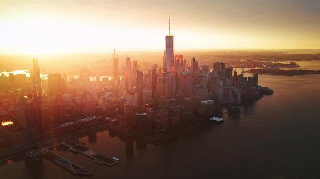 4K high-definition aerial photography of bustling city buildings and office buildings in the World Trade Center in Lower Manhattan, New York, USA AMERICA