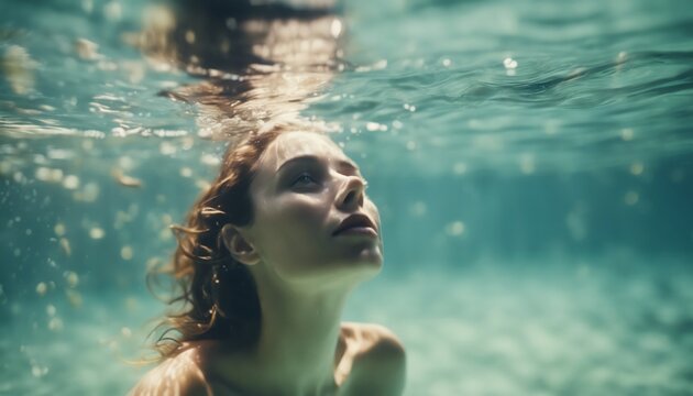 woman swimming underwater looking up at surface