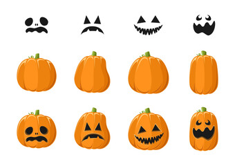 Cute Jack O Lantern with Different Pumpkin Shapes and Facial Expressions Set. Spooky Creepy Halloween Graphics Illustrations.