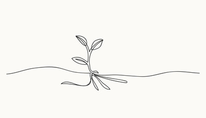 Growing Sprout One Line Art with Roots - Vector Illustration