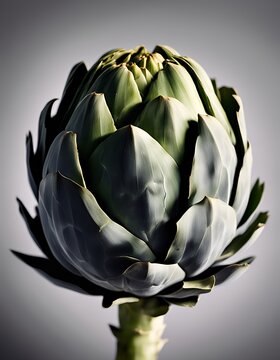 close up of an artichoke head, against grey background