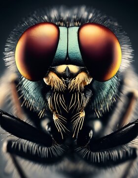macro close-up of hairy insect with big brown eyes and green body