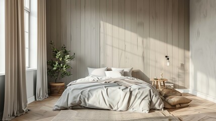 A bedroom with a bed, a plant, and a wooden wall.
