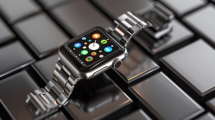 A silver Apple Watch with a metal band on a metal background.