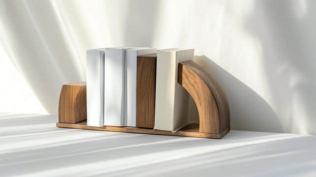 A wooden bookend with books on a white table.