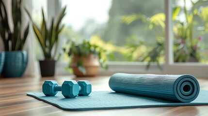 A yoga mat and dumbbells on a wooden floor, with a window in the background.
