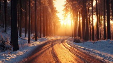 Serene winter road at sunrise with a soft glow through tall pine trees, capturing the tranquil beauty of a snowy forest scene.