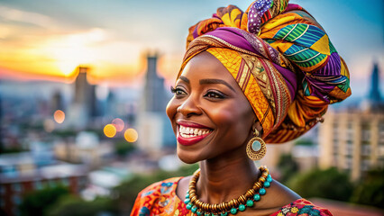 Fototapeta premium Smiling woman with vibrant African-inspired headwrap and colorful traditional clothing celebrates cultural diversity with confidence and warmth against a blurred city background.