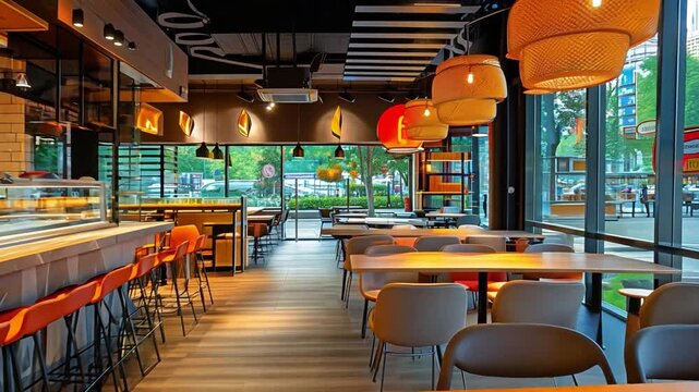 Fast food restaurant interior lighting and seats modern.
