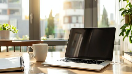 A laptop, a notebook and a white coffee mug sit on a table.