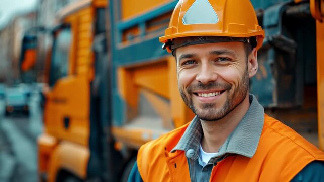 Garbage pickup man on a city road, smiling at the camera while standing next to a trash truck.