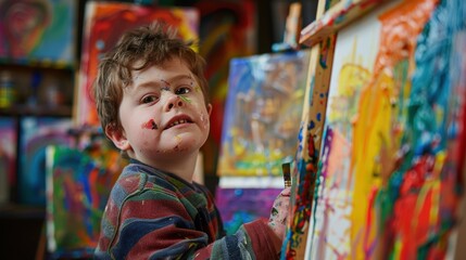 Portrait of a child with Down syndrome painting at an easel, his face focused and happy, surrounded by his colorful artworks that display his creativity and engagement with his artistic expression.
