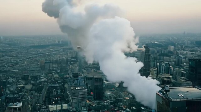 A city skyline with a large cloud of smoke rising from a building. The smoke is thick and dark, creating a mood of pollution and environmental concern