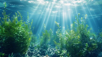 Underwater plants absorbing carbon dioxide in blue carbon ecosystem for sequestration. Concept Blue Carbon Ecosystem, Underwater Plants, Carbon Sequestration, Environmental Conservation