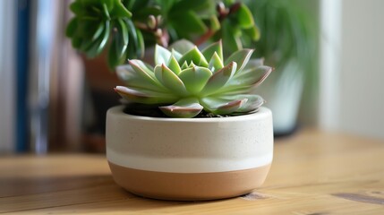 A green succulent plant in a white and brown pot, sitting on a wooden table.