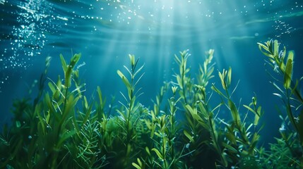 Fototapeta premium Underwater plants absorbing carbon dioxide in blue carbon ecosystem for sequestration. Concept Blue Carbon Ecosystem, Underwater Plants, Carbon Sequestration, Environmental Conservation