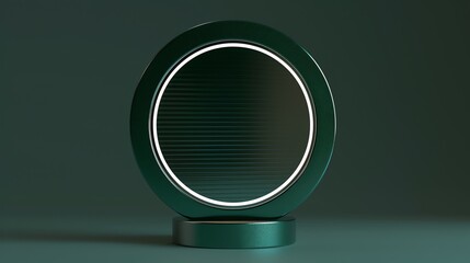 A green, circular frame with a glowing white outline sits on a green pedestal against a green background.