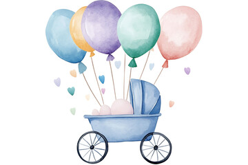 Watercolor Baby Carriage with Balloons Illustration