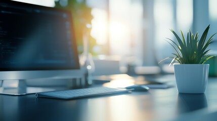 A modern workspace with a computer, keyboard, and a potted plant, illuminated by soft sunlight in a comfortable office setting.