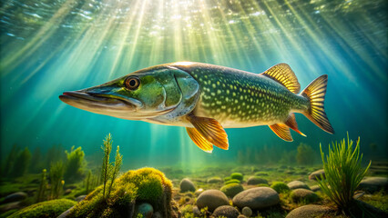 Fototapeta premium A serene freshwater pike swims near the surface of a calm lake, its green scales glistening in the warm sunlight filtering through the water.