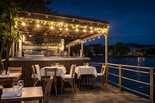 guinguette restaurant au bord de l'eau avec terrasse ombrag&eacute;e et guirlandes lumineuses.