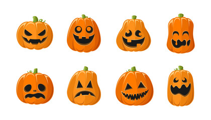 Cute Jack O Lantern with Different Shapes and Funny Facial Expressions Set. Creepy Spooky Fun Halloween Pumpkin Decor Illustration Collection.